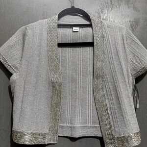 White House Black Market Silver Cardigan shrug with glass beading on hem